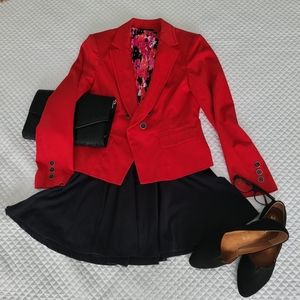 Double-breasted red WHBM jacket, size 10, with black and silver buttons